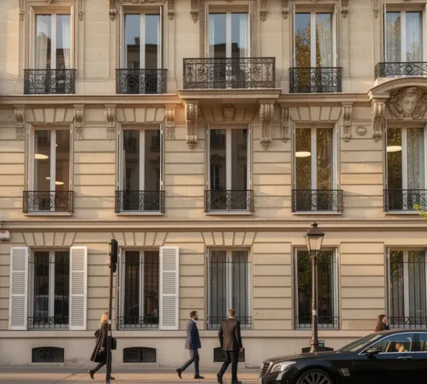 Façade haussmannienne typique du 8ème arrondissement de Paris avec balcons en fer forgé