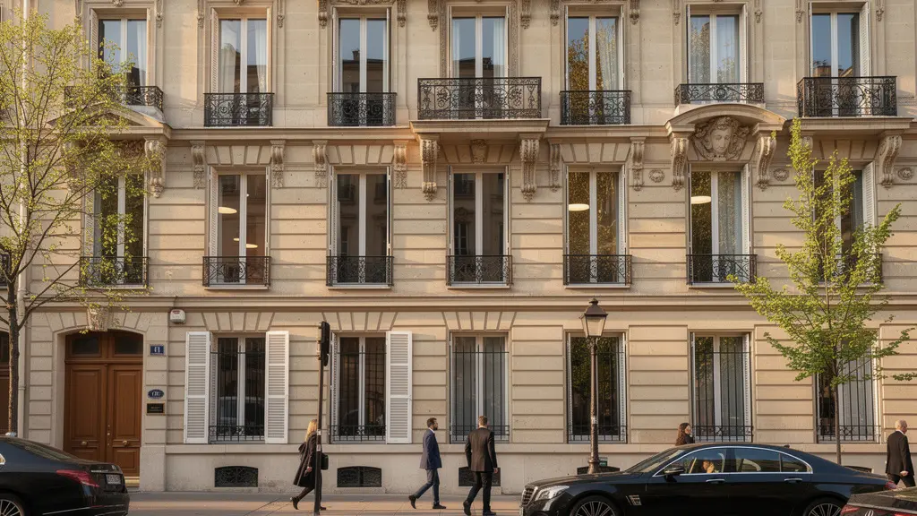 Façade haussmannienne typique du 8ème arrondissement de Paris avec balcons en fer forgé