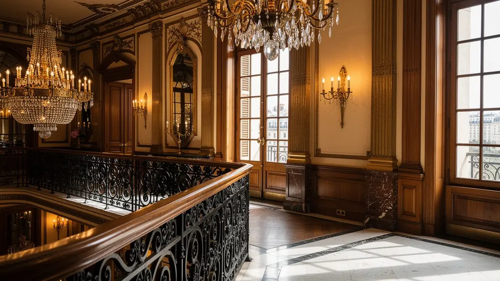Escalier et salon d'un hôtel parisien historique avec moulures d'époque