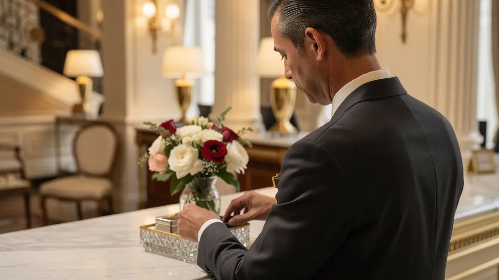 Concierge préparant un service d'accueil dans un hôtel 4 étoiles parisien