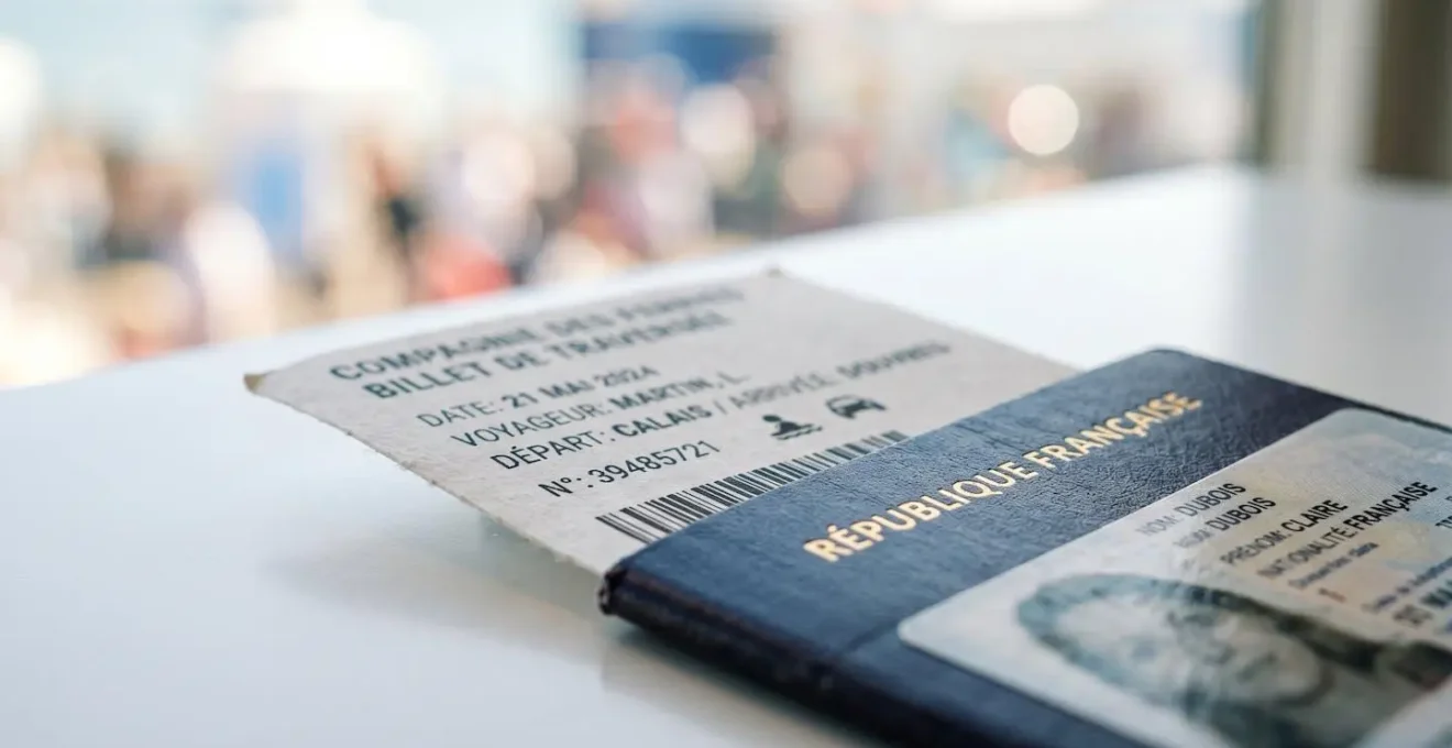 Gros plan sur un billet de ferry et un passeport posés sur une surface claire avec un arrière-plan flouté