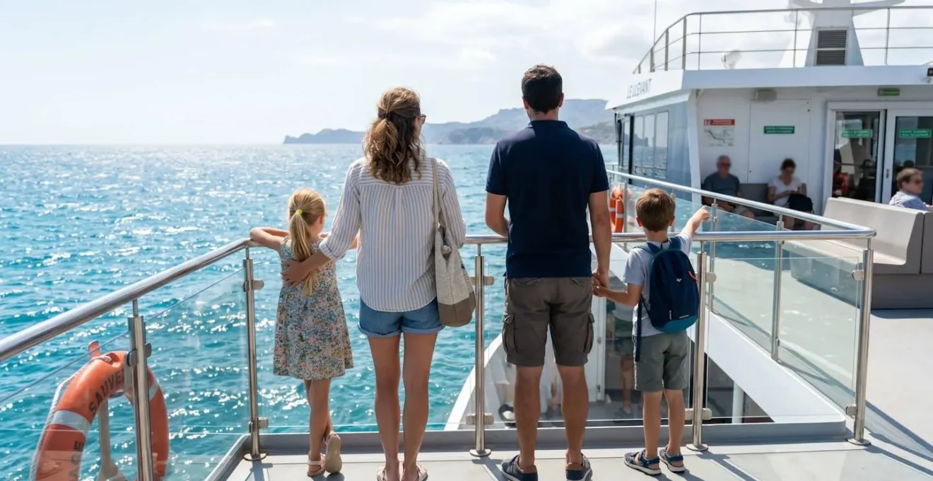 Une famille de quatre personnes vue de dos observe la mer depuis le pont extérieur d'un ferry sous un soleil méditerranéen