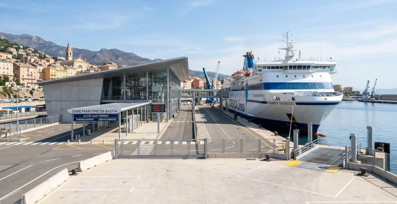 Un grand ferry moderne amarré au terminal portuaire de Bastia sous un ciel bleu méditerranéen
